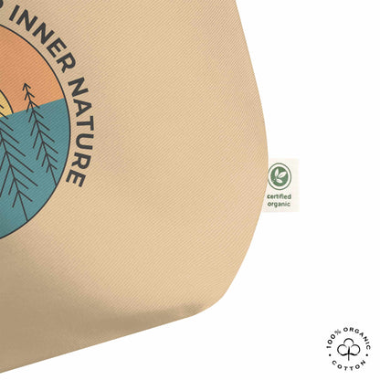Close-up oyster organic cotton tote bag with nature-themed design featuring sun and trees and 'Connect with Your Inner Nature' text on a white background.
