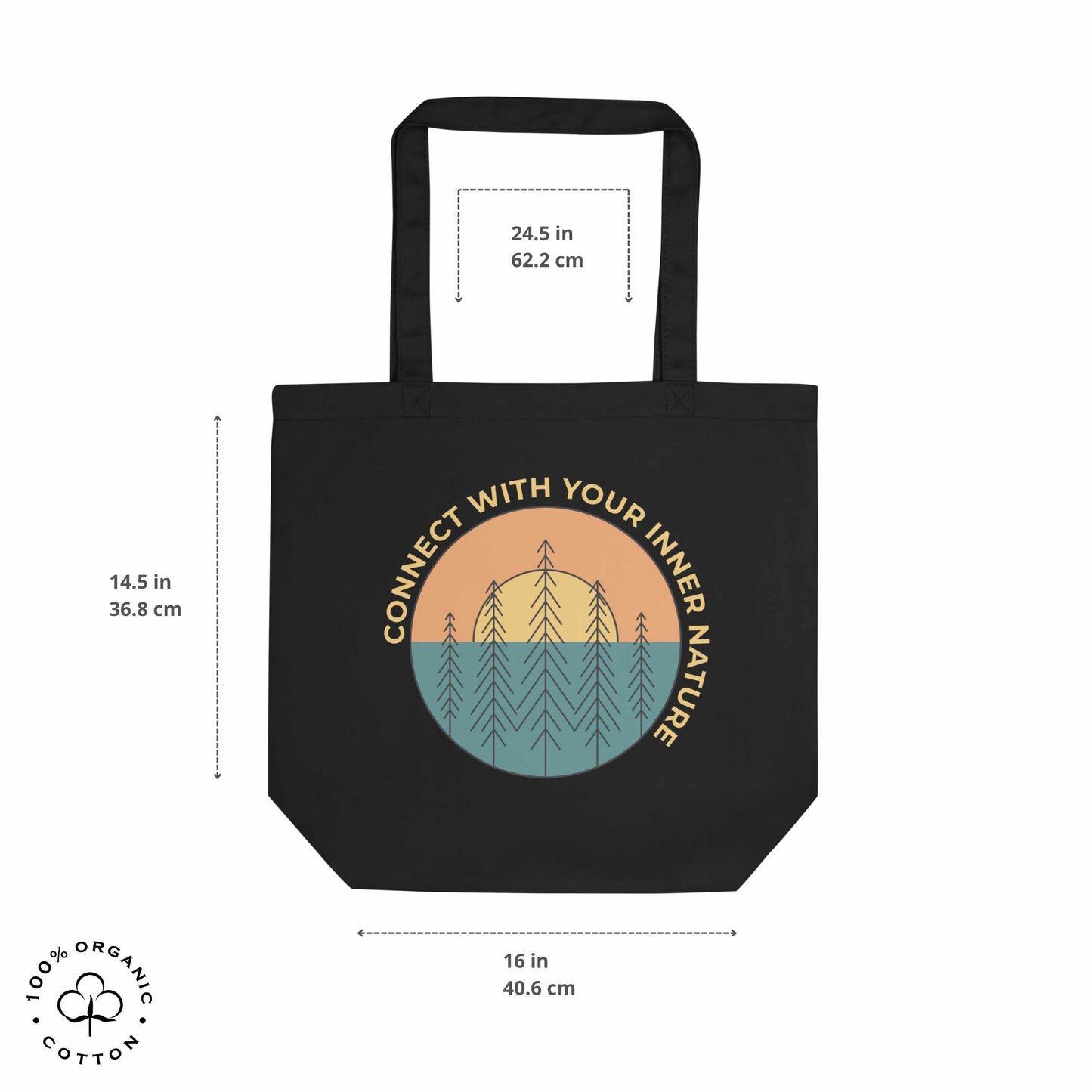 Black organic cotton medium tote bag with nature-themed design featuring sun and trees and 'Connect with Your Inner Nature' text on a white background showing measurements. 