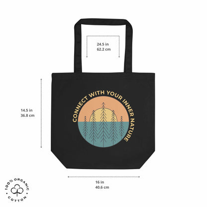 Black organic cotton medium tote bag with nature-themed design featuring sun and trees and 'Connect with Your Inner Nature' text on a white background showing measurements. 