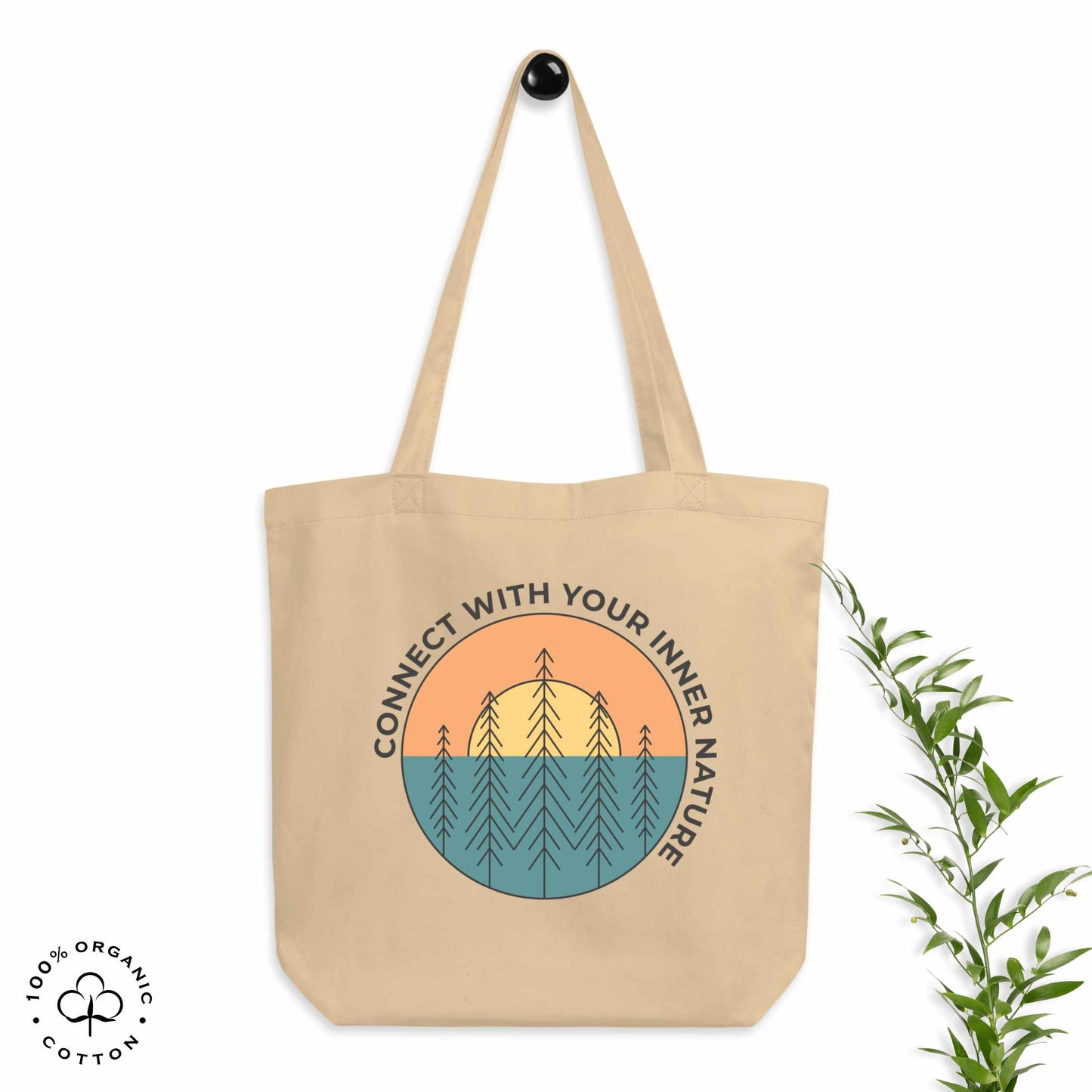 Oyster organic cotton medium tote bag with nature-themed design featuring sun and trees and 'Connect with Your Inner Nature' text on a white background.