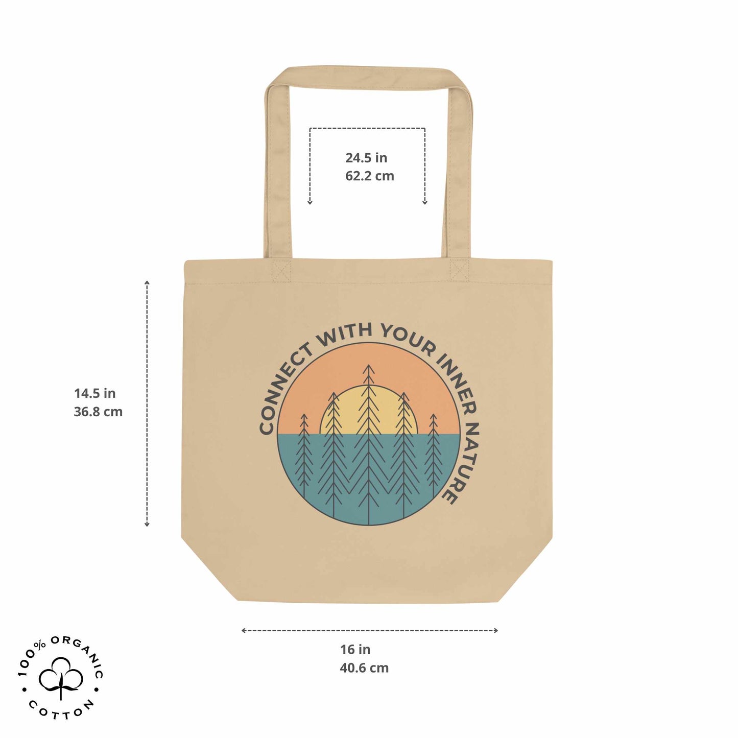 Oyster organic cotton medium tote bag with nature-themed design featuring sun and trees and 'Connect with Your Inner Nature' text on a white background showing measurements.