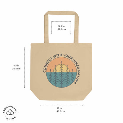 Oyster organic cotton medium tote bag with nature-themed design featuring sun and trees and 'Connect with Your Inner Nature' text on a white background showing measurements.