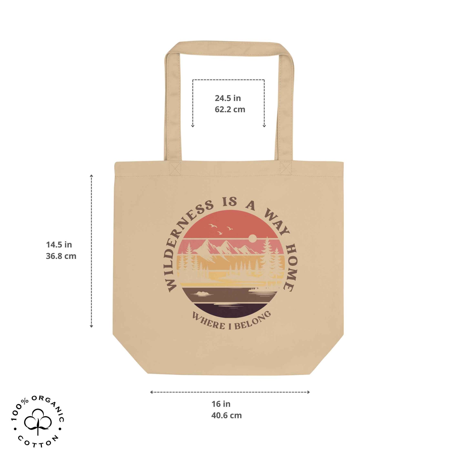 Oyster organic cotton medium tote bag with nature-themed design: forest, trees, sun, lake. 'Wilderness is a Way Home, Where I belong' text. 