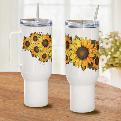 Two white tumblers insulated travel mug 40 oz with sunflower designs on a wooden surface.