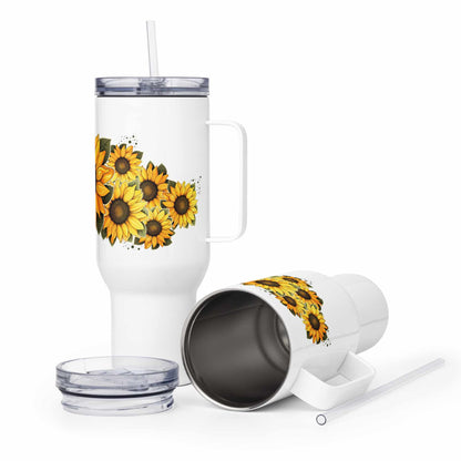 White tumbler insulated travel mug 40 oz with sunflower design on a white background