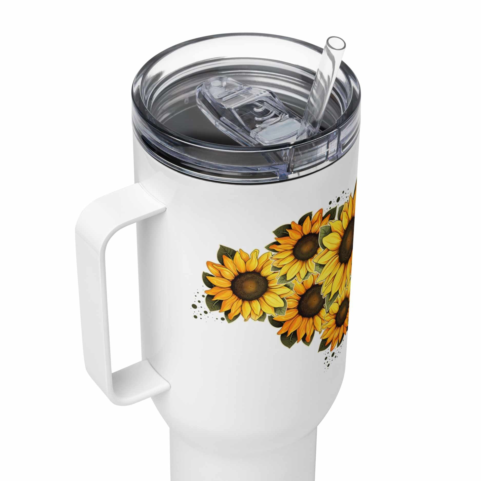 White tumbler insulated travel mug 40 oz with sunflower design on a white background