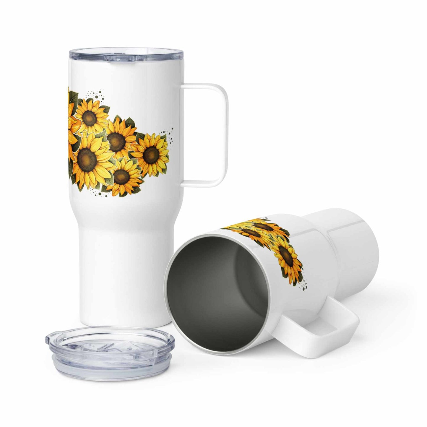 White insulated travel mug 25 oz with sunflower design on a white background