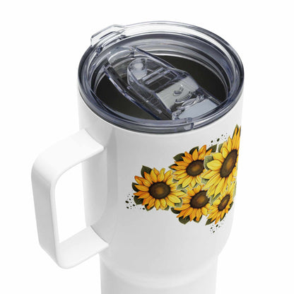 details White insulated travel mug 25 oz with sunflower design on a white background