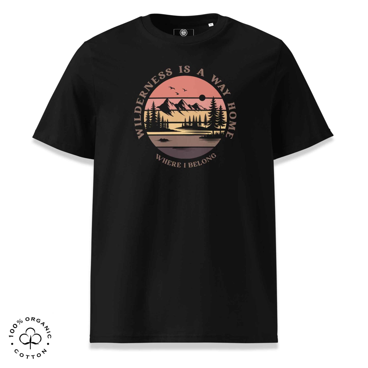 Eco-friendly t-shirt in organic cotton, black with graphic featuring a nature theme: mountains, trees, sun and the bold phrase “wild nature is the way home, where I belong”.