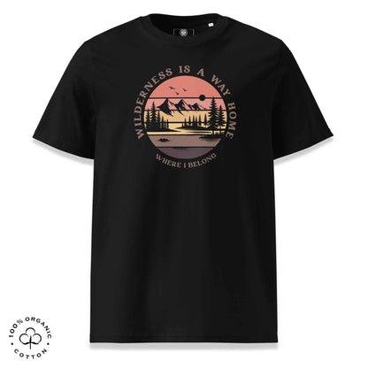Eco-friendly t-shirt in organic cotton, black with graphic featuring a nature theme: mountains, trees, sun and the bold phrase “wild nature is the way home, where I belong”.