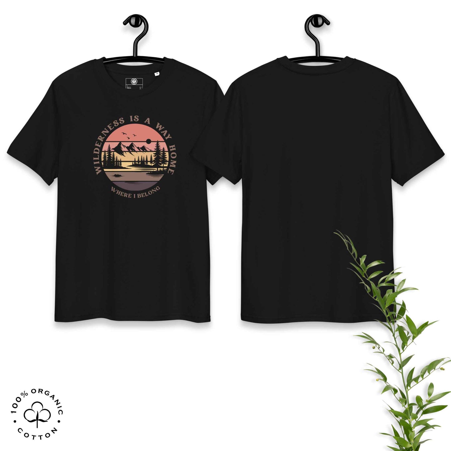 Eco-friendly t-shirt in organic cotton, black, front and back, with graphic featuring a nature theme: mountains, trees, sun and the bold phrase “wild nature is the way home, where I belong”.