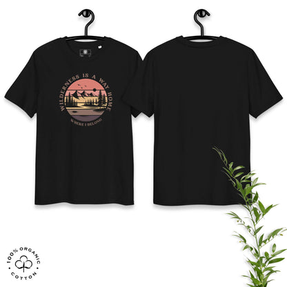 Eco-friendly t-shirt in organic cotton, black, front and back, with graphic featuring a nature theme: mountains, trees, sun and the bold phrase “wild nature is the way home, where I belong”.