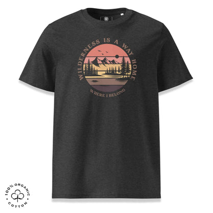 Eco-friendly t-shirt in organic cotton, dark grey, with graphic featuring a nature theme: mountains, trees, sun and the bold phrase “wild nature is the way home, where I belong”.