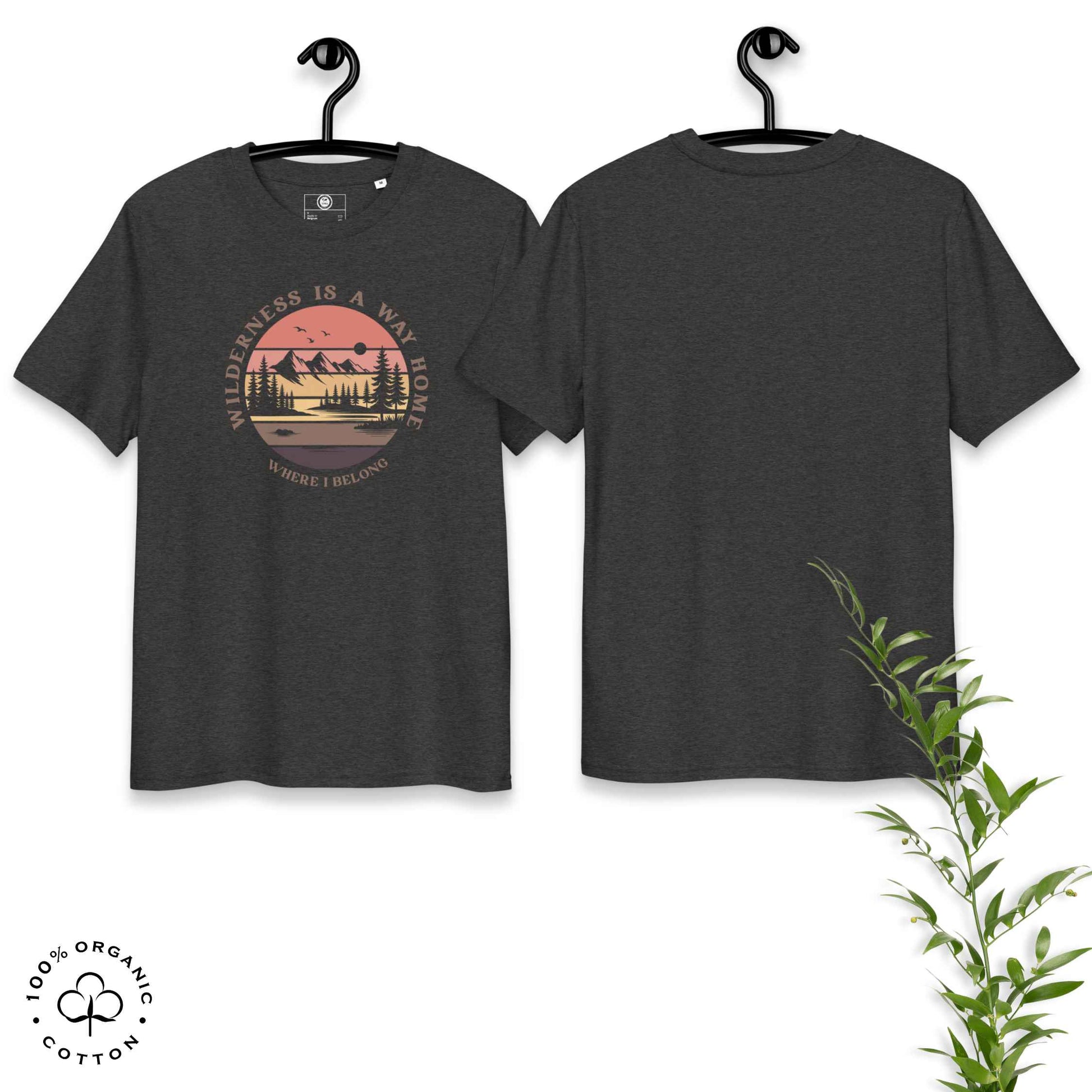 Eco-friendly t-shirt in organic cotton, dark grey, with graphic featuring a nature theme: mountains, trees, sun and the bold phrase “wild nature is the way home, where I belong”.