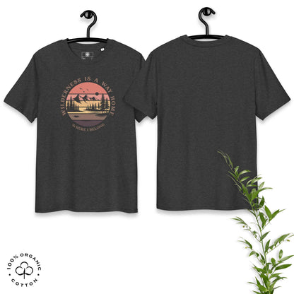 Eco-friendly t-shirt in organic cotton, dark grey, with graphic featuring a nature theme: mountains, trees, sun and the bold phrase “wild nature is the way home, where I belong”.