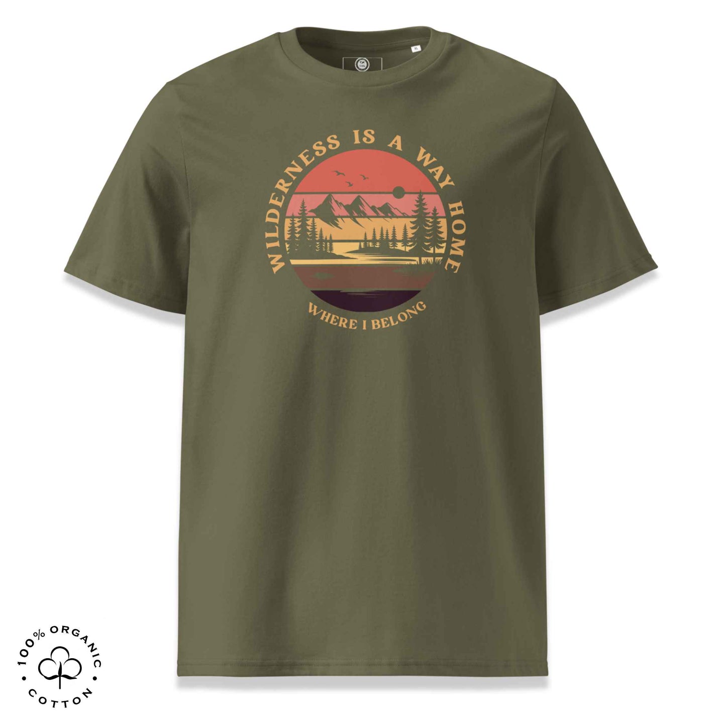 Eco-friendly t-shirt in organic cotton, khaki, with graphic featuring a nature theme: mountains, trees, sun and the bold phrase “wild nature is the way home, where I belong”.