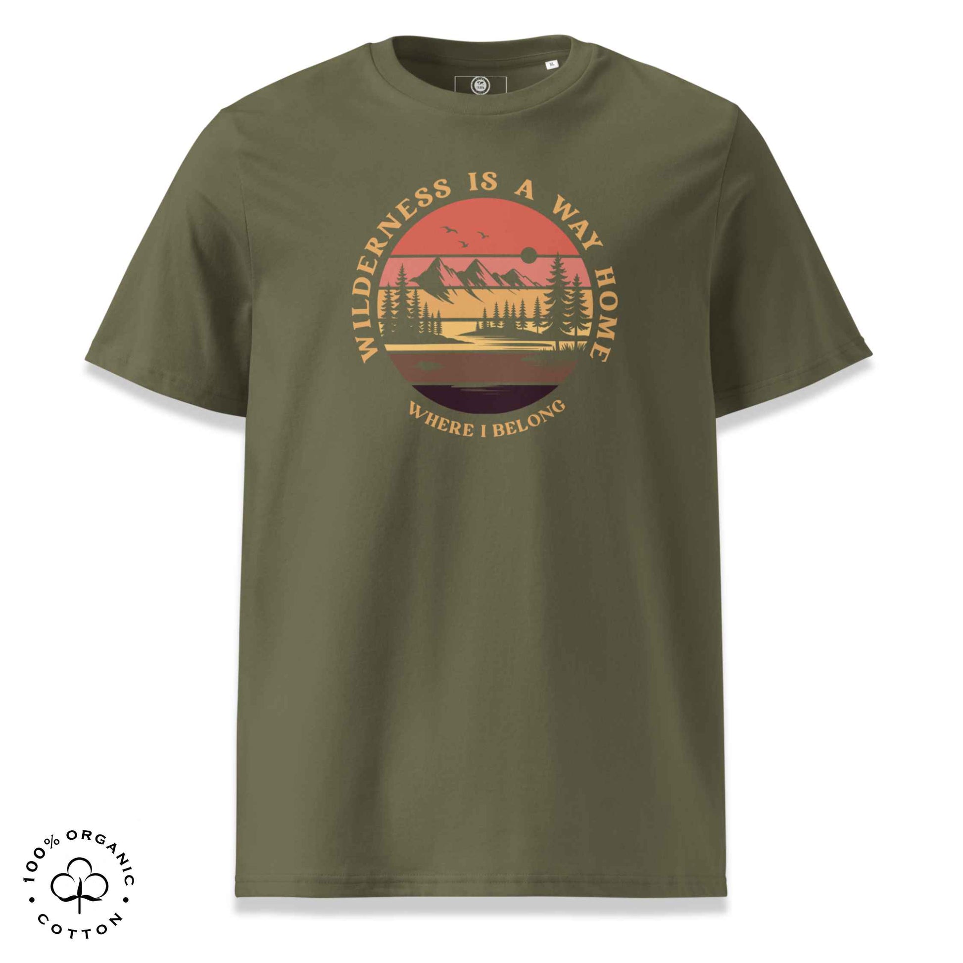 Eco-friendly t-shirt in organic cotton, khaki, with graphic featuring a nature theme: mountains, trees, sun and the bold phrase “wild nature is the way home, where I belong”.