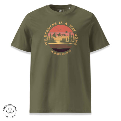 Eco-friendly t-shirt in organic cotton, khaki, with graphic featuring a nature theme: mountains, trees, sun and the bold phrase “wild nature is the way home, where I belong”.