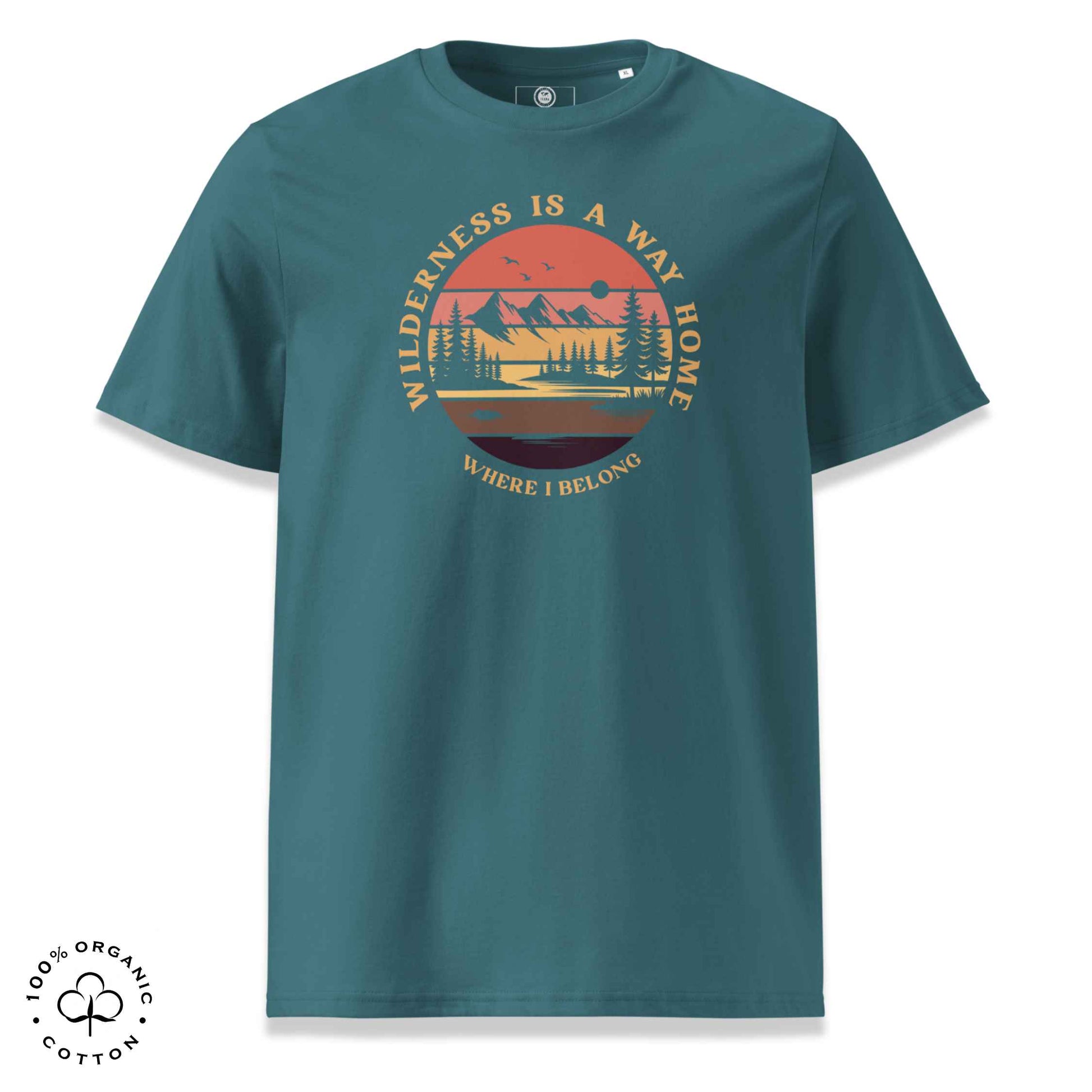 Eco-friendly t-shirt in organic cotton, stargazer, with graphic featuring a nature theme: mountains, trees, sun and the bold phrase “wild nature is the way home, where I belong”.