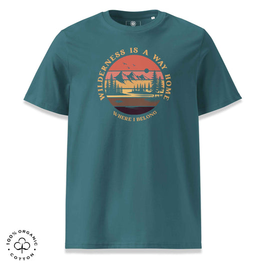 Eco-friendly t-shirt in organic cotton, stargazer, with graphic featuring a nature theme: mountains, trees, sun and the bold phrase “wild nature is the way home, where I belong”.