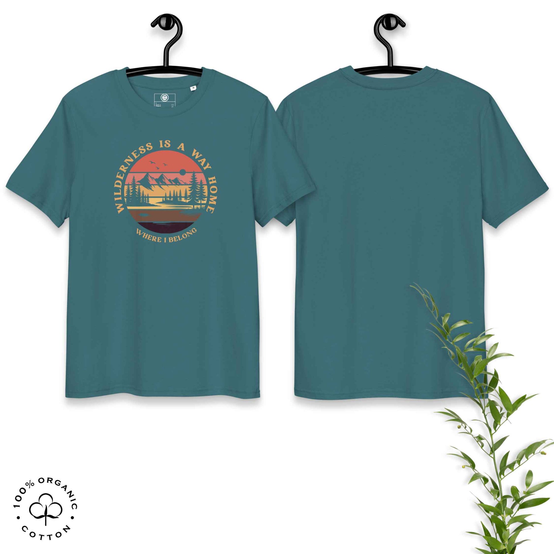 Eco-friendly t-shirt in organic cotton, stargazer, with graphic featuring a nature theme: mountains, trees, sun and the bold phrase “wild nature is the way home, where I belong”.

